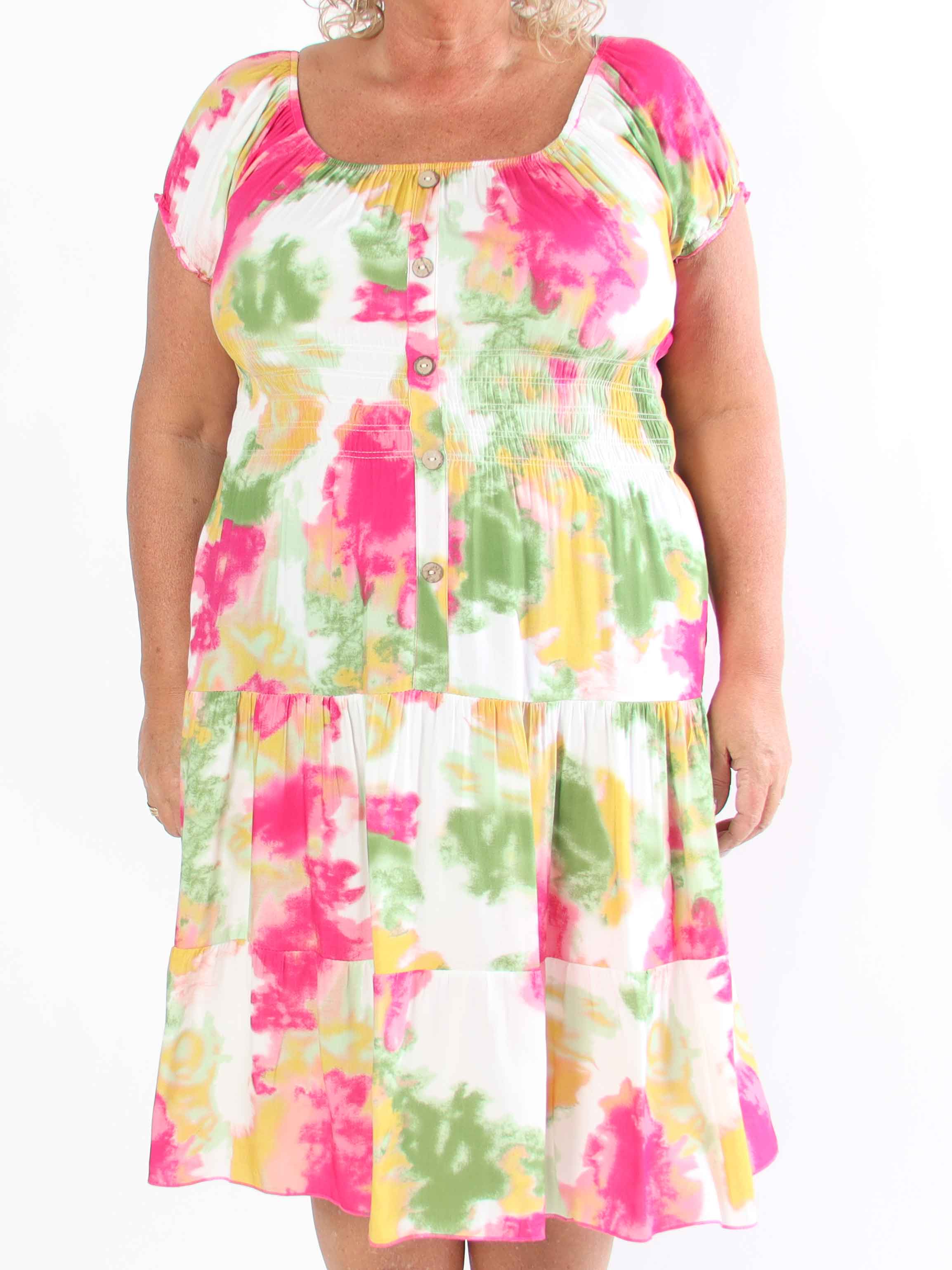 Leah - Flerfarvet plus size kjole i viskose med pufærmer og lommer